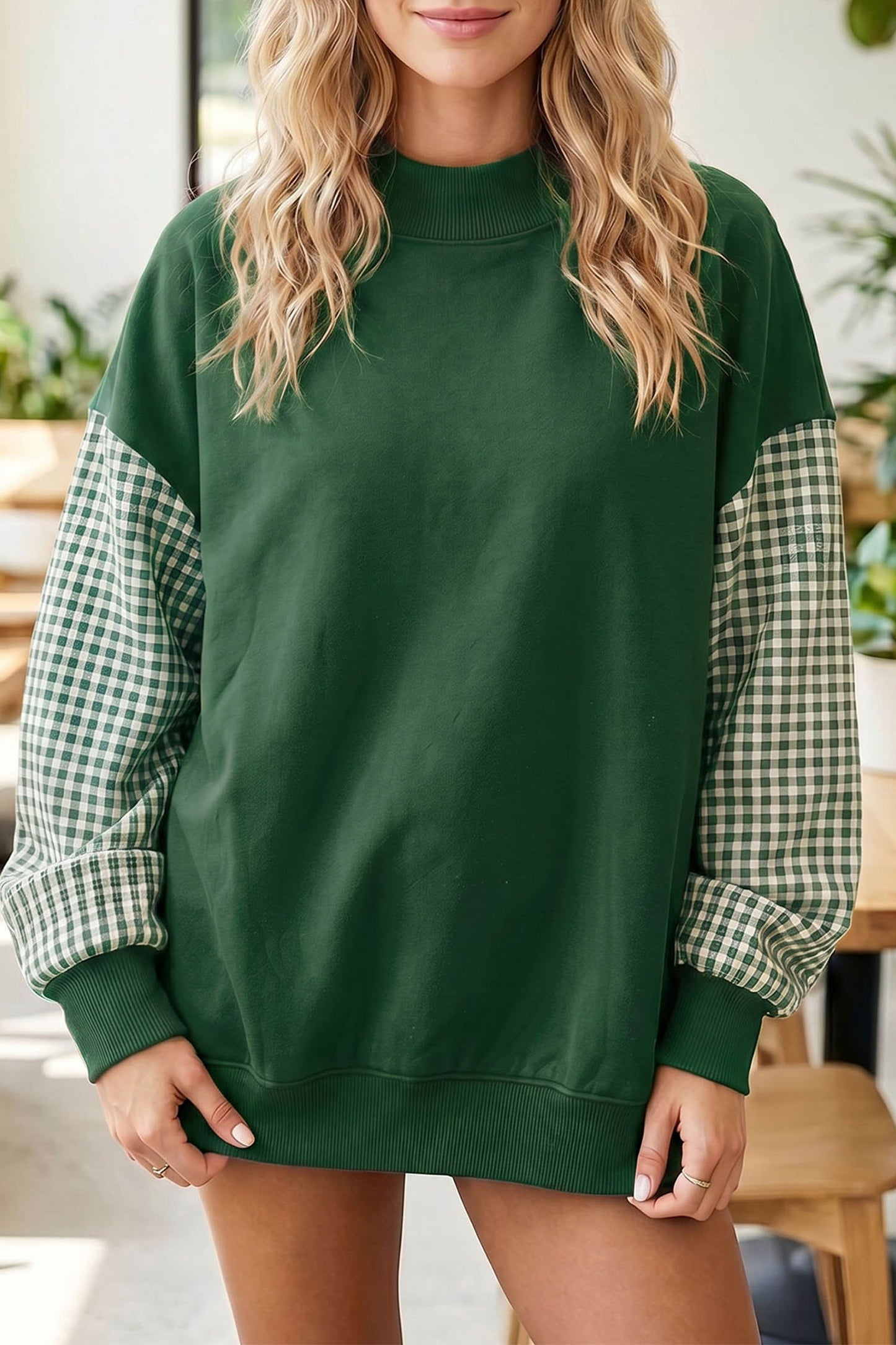Plaid Sleeve Colorblock Tunic Sweatshirt