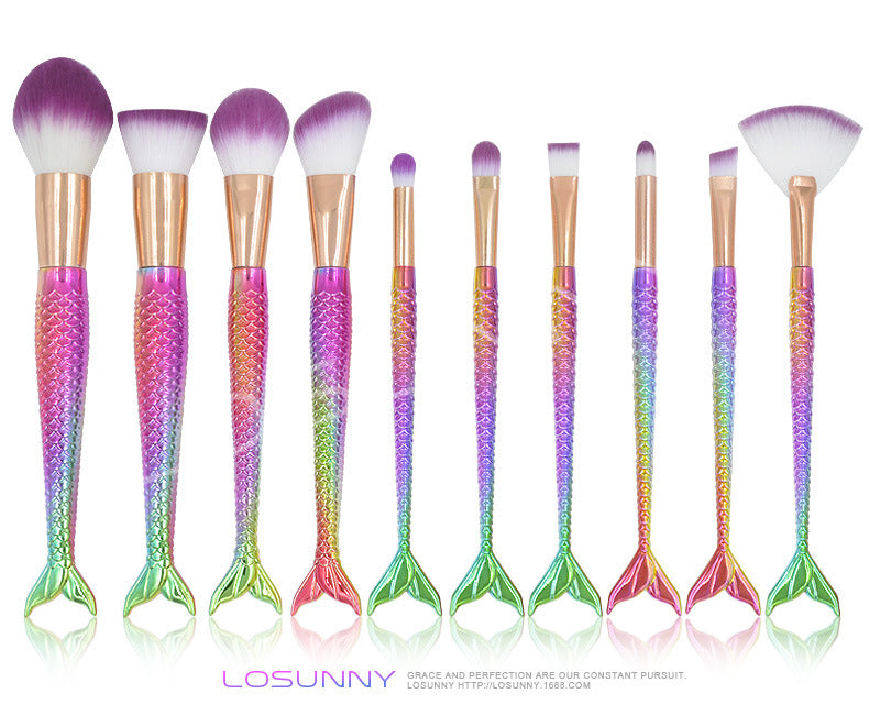10-Piece Mermaid Makeup Brush Set with Rose Gold Handles