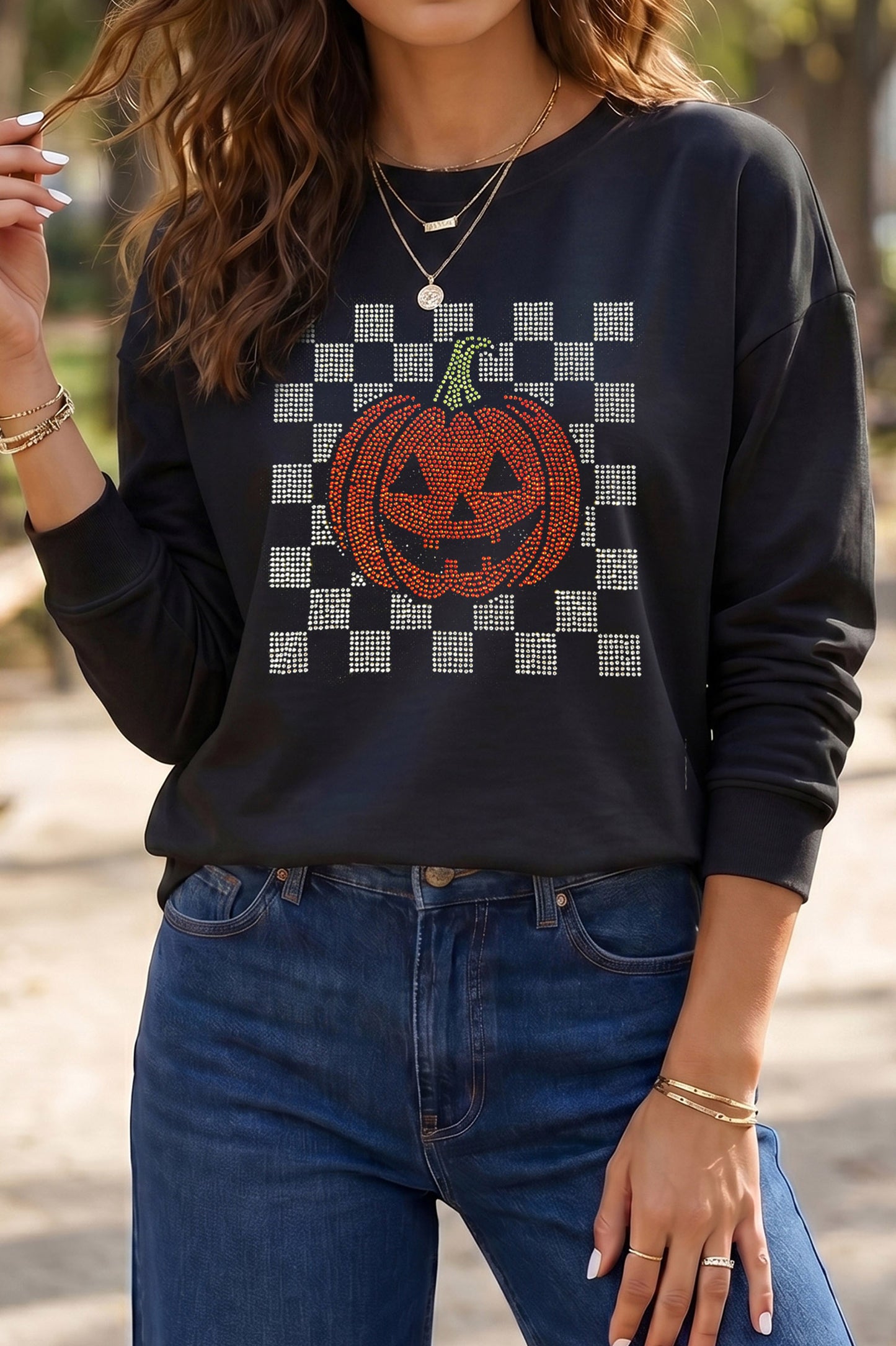 Black Rhinestone Pumpkin Graphic Long Sleeve T-Shirt