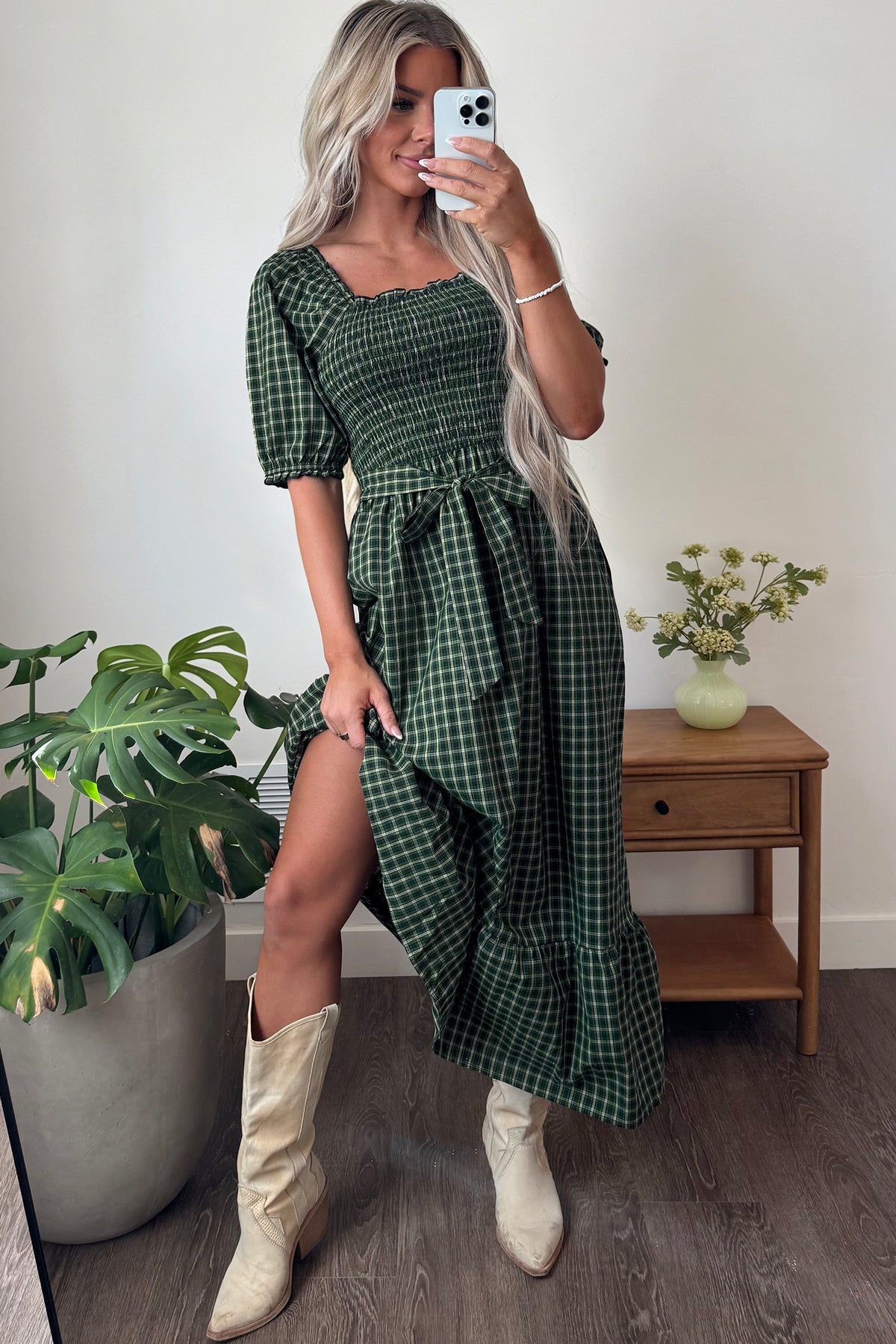 Green Plaid Square Neck Shirred Ruffle Hem Dress