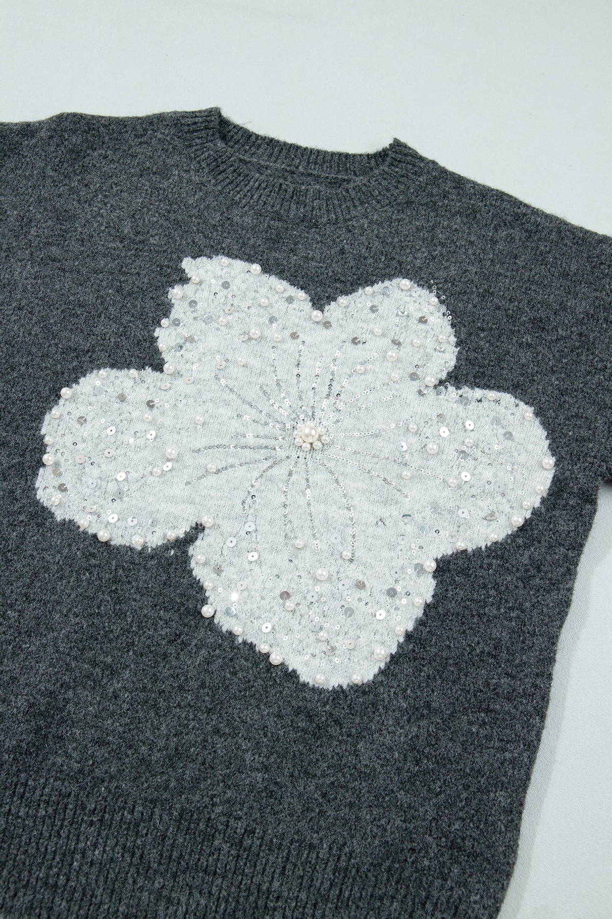 Dark Grey Beaded Floral Sweater