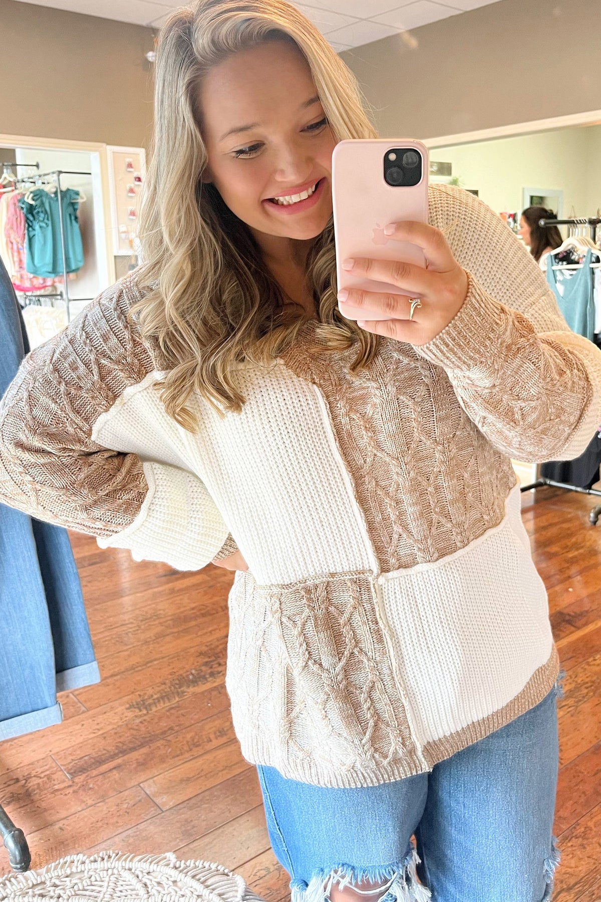 Plus Size SweaterParchment Colorblock V Neck Long Sleeve Tunic Loose Fit