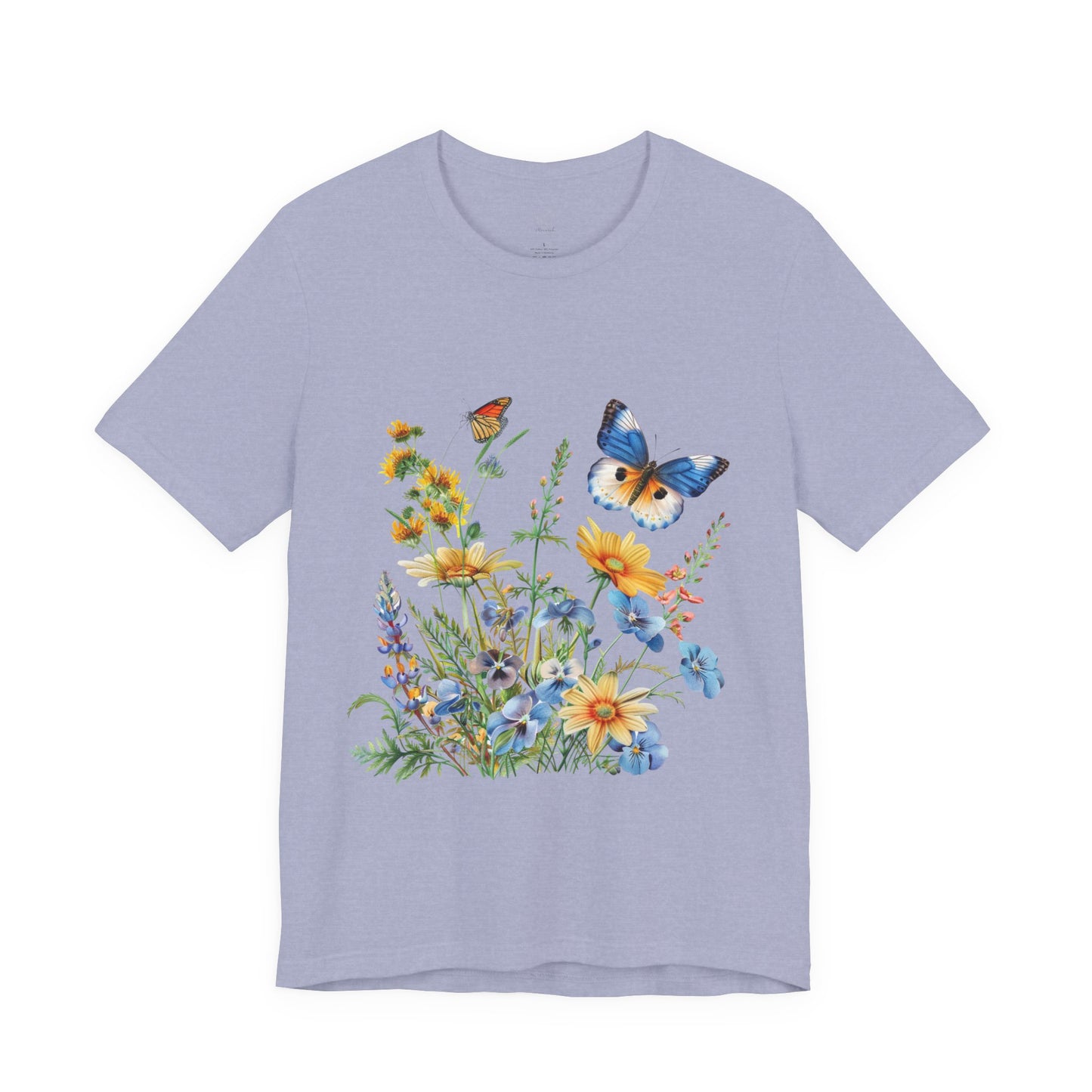 Butterfly Wildflower T-Shirt — Blue & Orange Garden Illustration