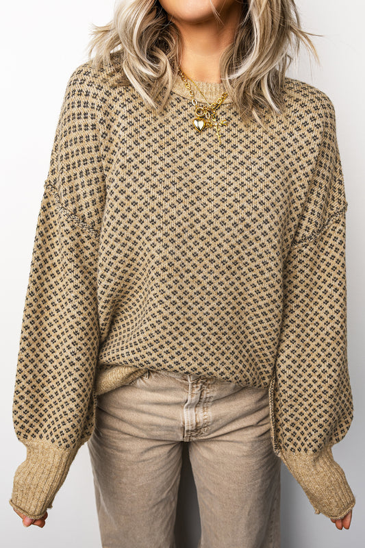 Khaki Geometric Print Drop Shoulder Sweater