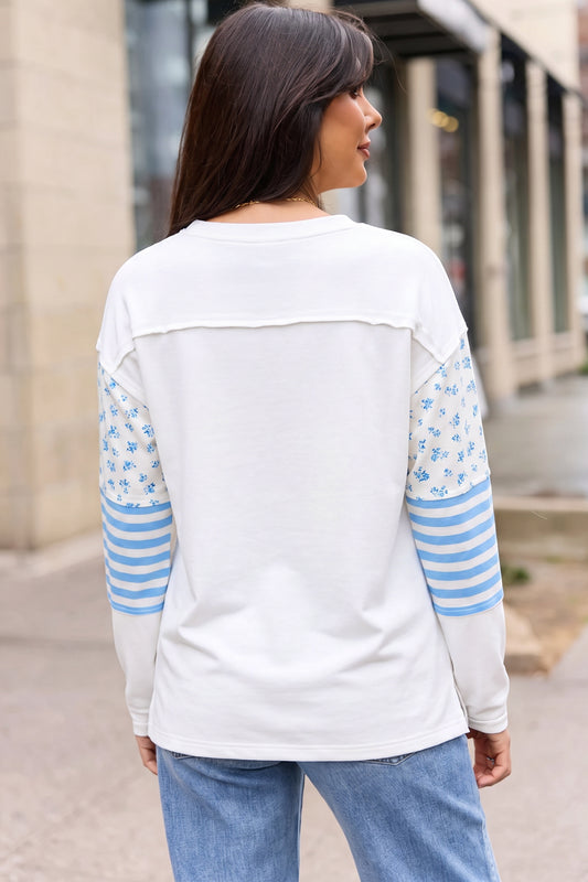 Beige Floral Stripe Contrast Long Sleeve Pullover Top