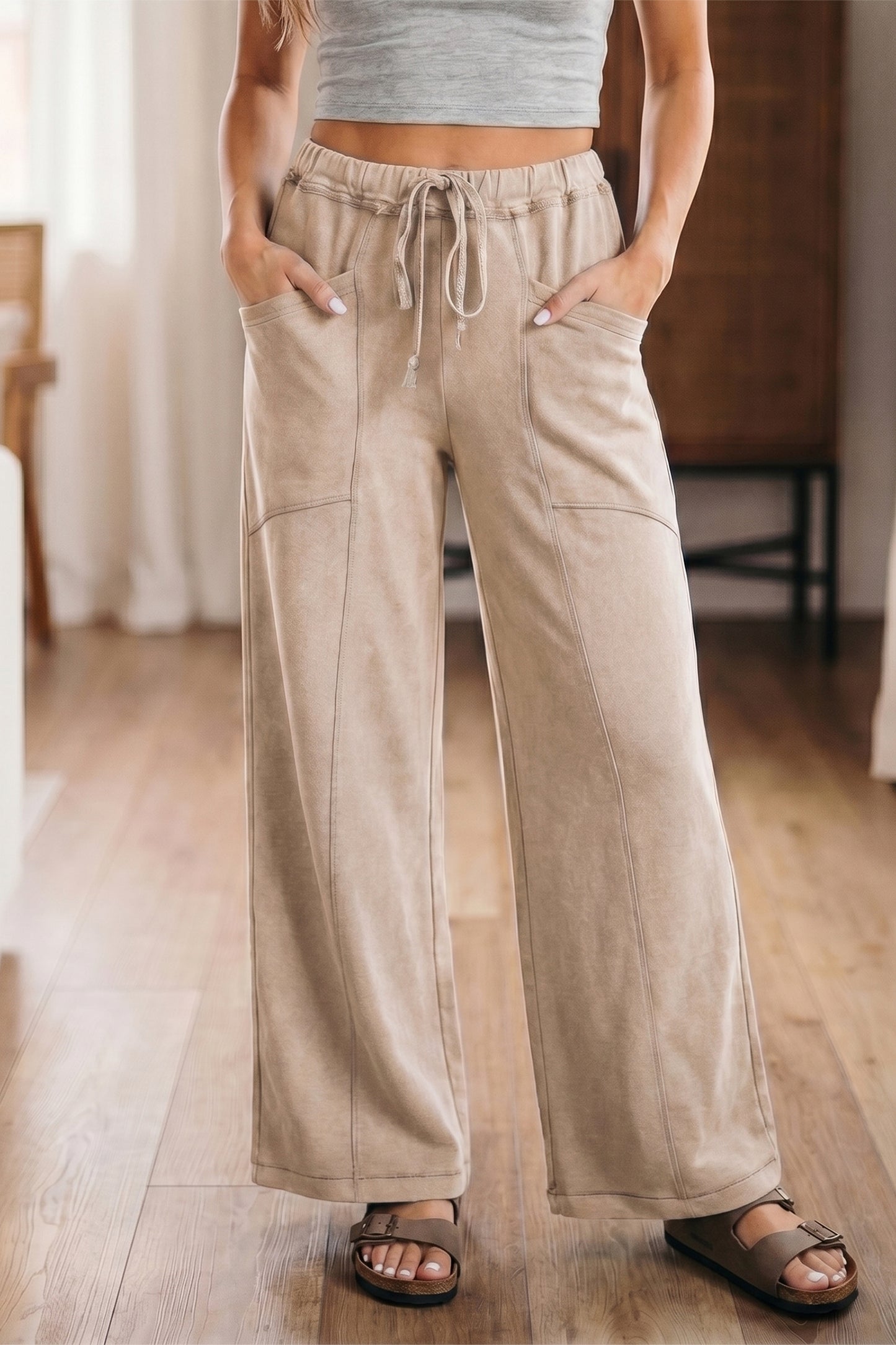 Smoke Gray Mineral Wash Drawstring Retro High Waist Wide Leg Western Pants
