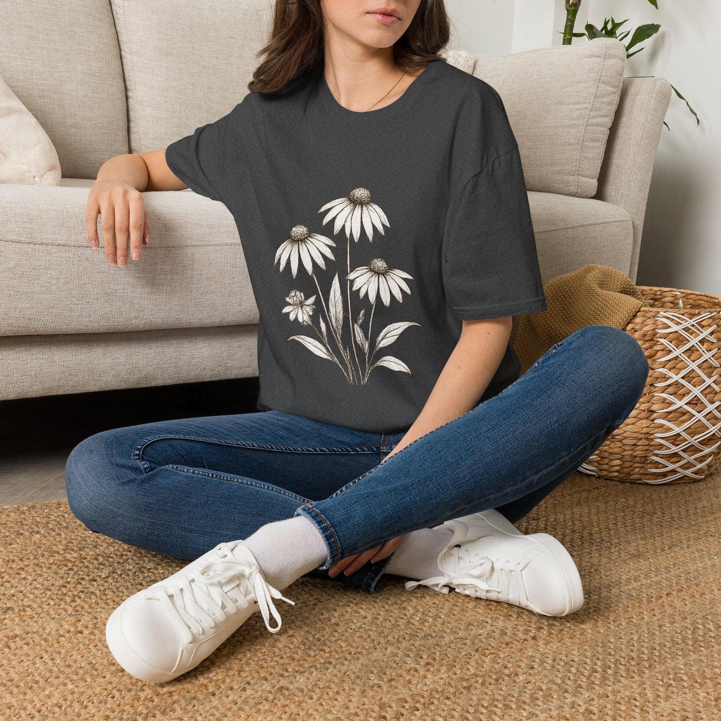 Daisy Sketch T‑Shirt — Vintage White Coneflowers Floral Tee