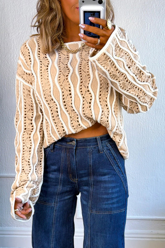 Wavy Detail Eyelet-Knit Cotton Sweater