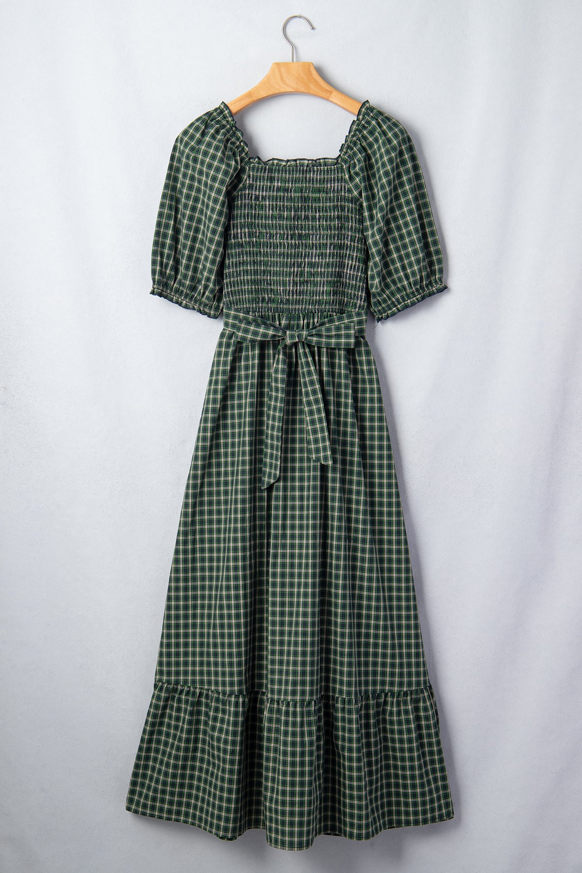 Green Plaid Square Neck Shirred Ruffle Hem Dress