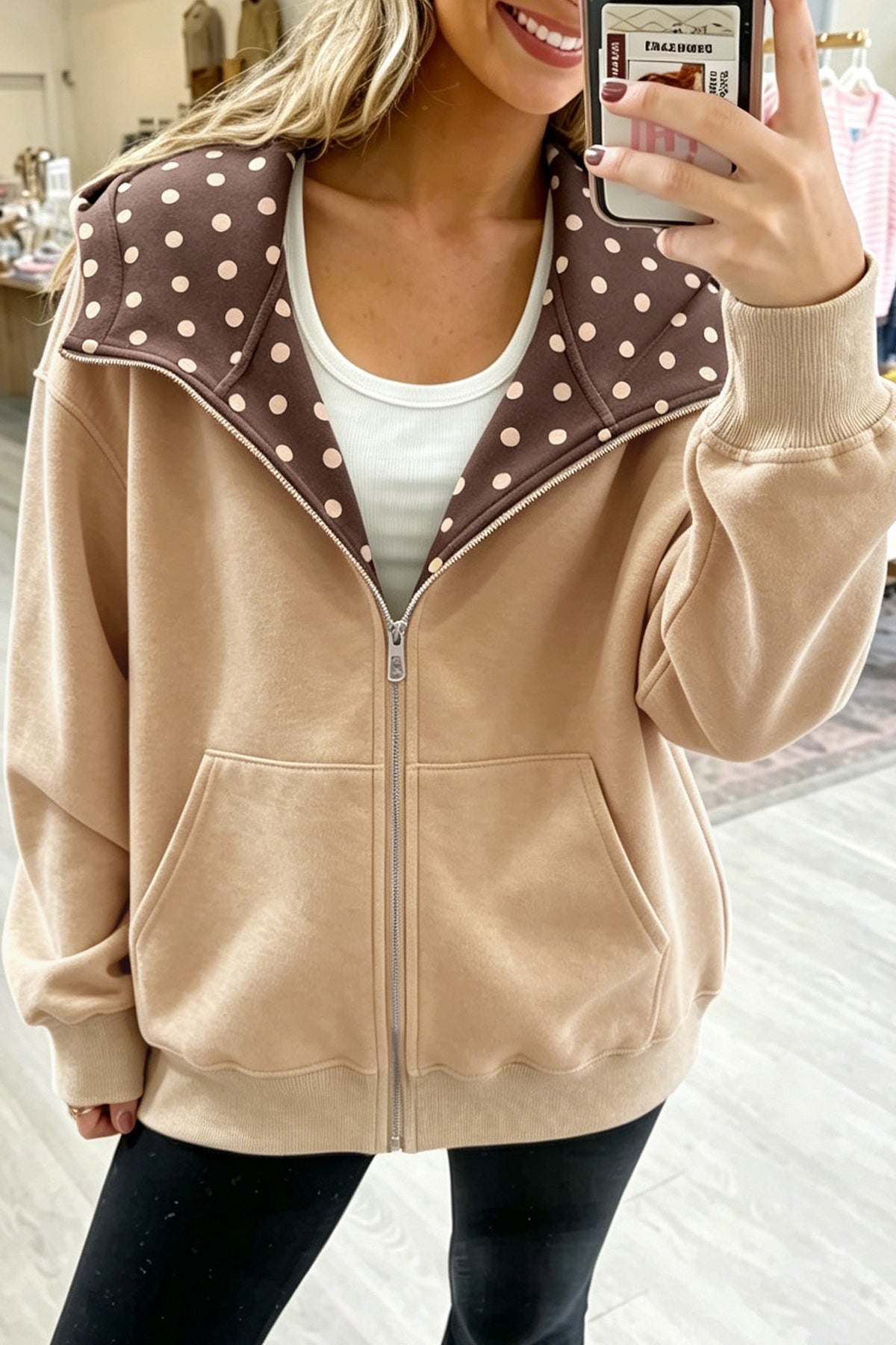 Polka Dot Lined Zip-Up Hoodie