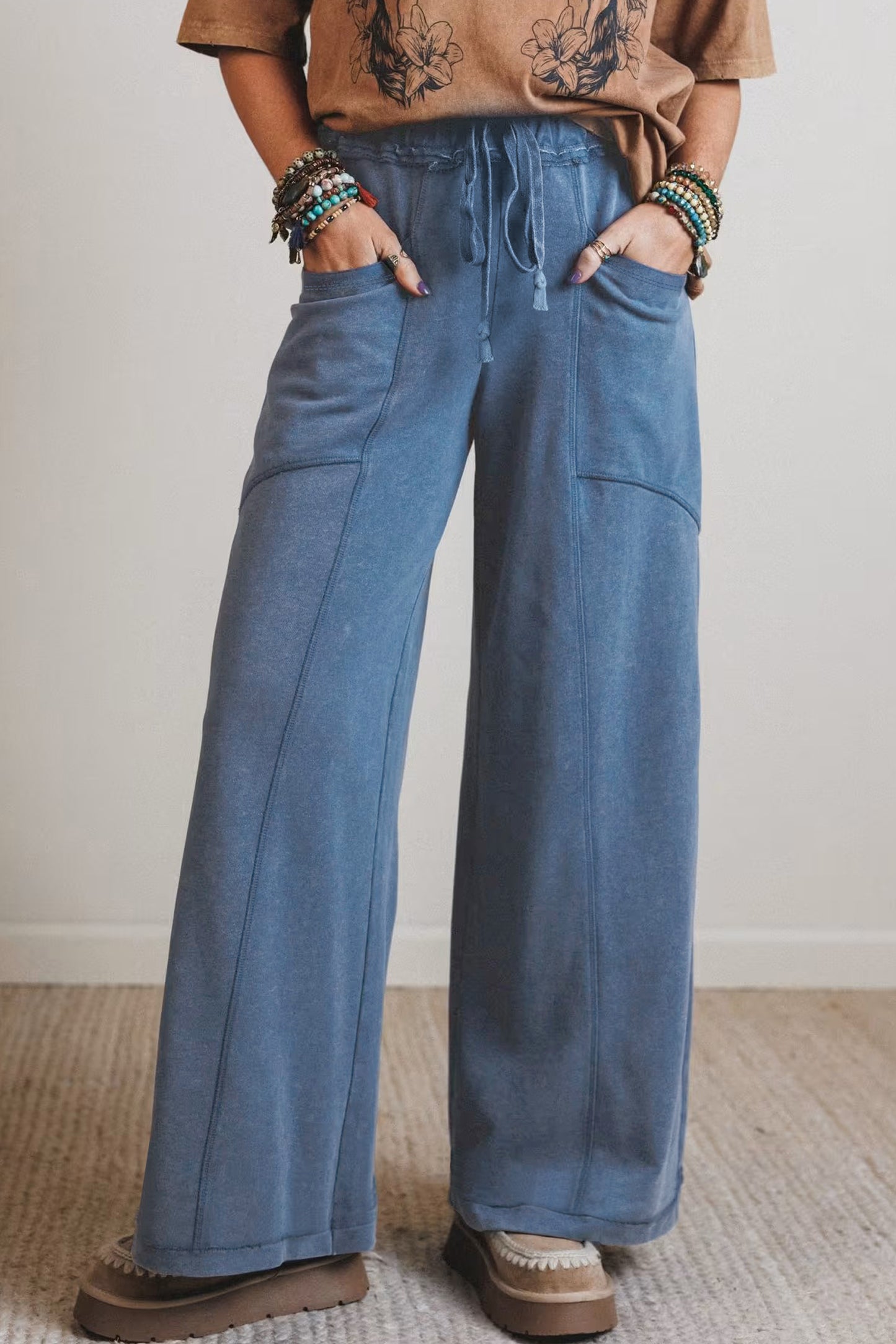 Smoke Gray Mineral Wash Drawstring Retro High Waist Wide Leg Western Pants