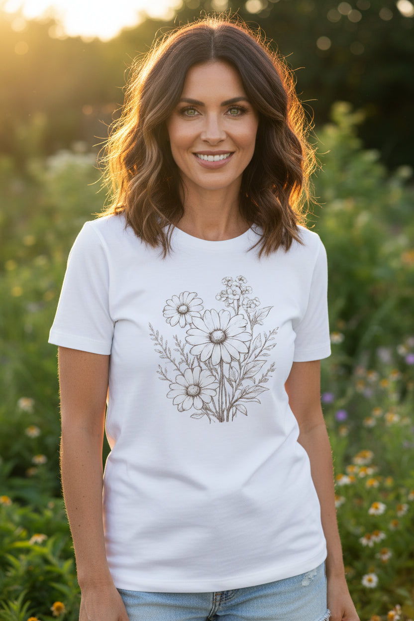 Floral Daisy Bouquet T-Shirt | Vintage White Daisies on Black