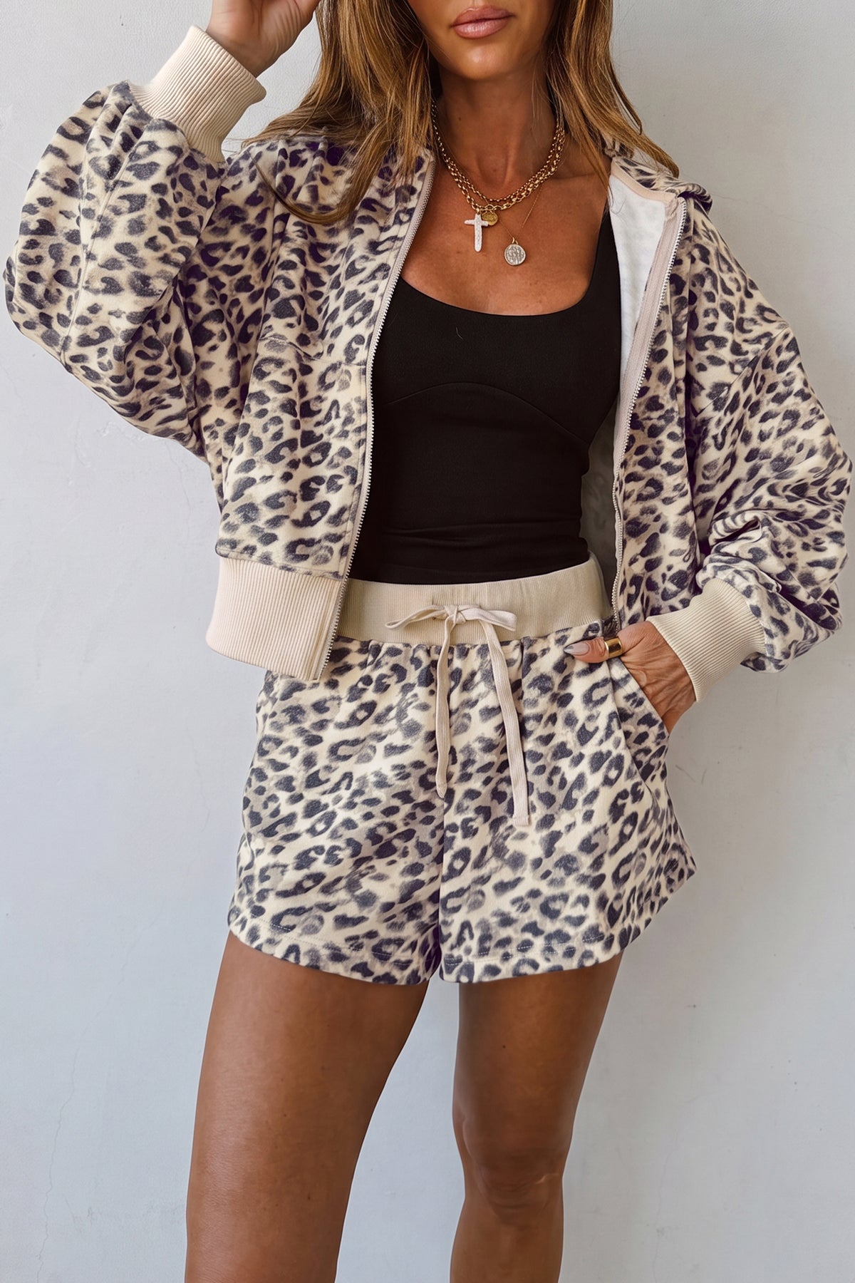 Multicolor Leopard Zip-Up Shorts Set