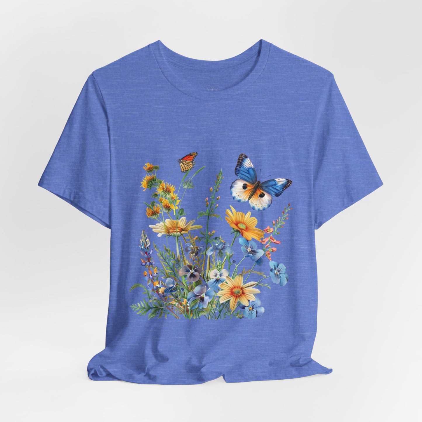 Butterfly Wildflower T-Shirt — Blue & Orange Garden Illustration