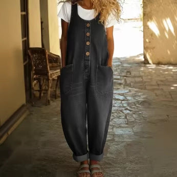 Women's Retro Buckle Jumpsuit | Multi-Pocket Overalls
