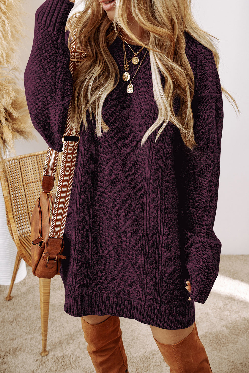 Cable Knit Drop Shoulder Sweater Dress