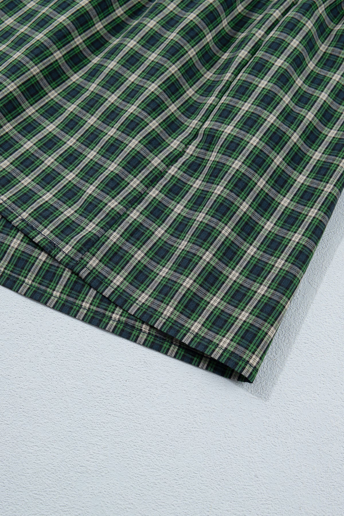 Green Plaid Square Neck Shirred Ruffle Hem Dress