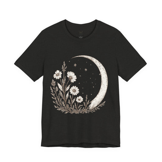 Crescent Moon Wildflower Tee — Botanical Graphic T-Shirt