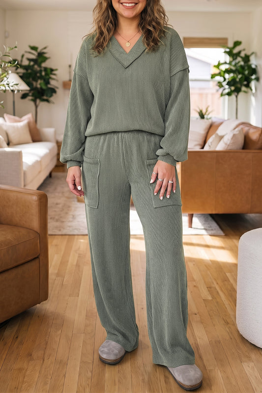 Four Leaf Clover Ribbed Twisted V-Neck Pullover & Wide-Leg Pant Set | Plus Size 1X–4X