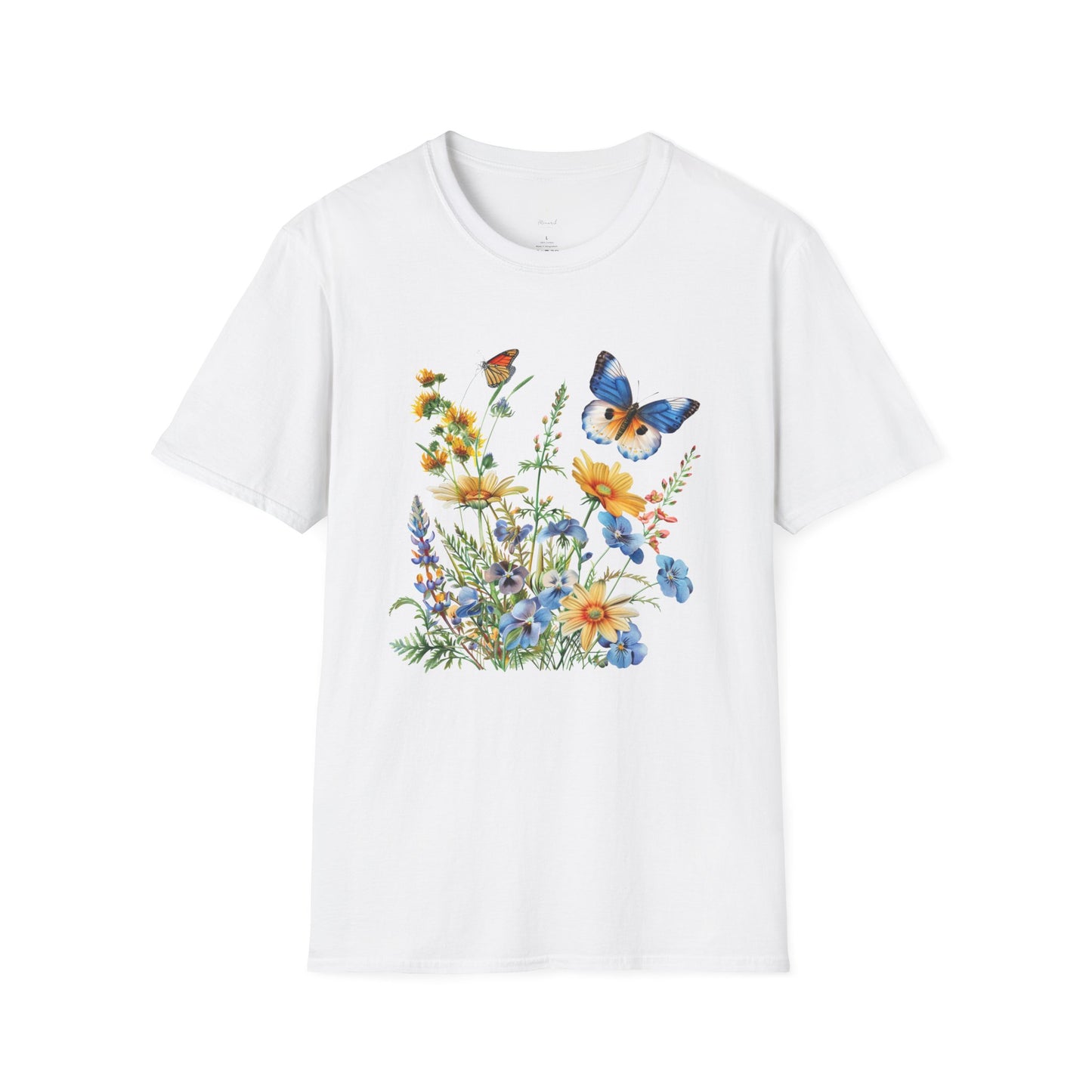 Butterfly Wildflower T-Shirt — Blue & Orange Garden Illustration