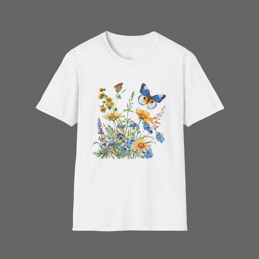 Butterfly Wildflower T-Shirt — Blue & Orange Garden Illustration