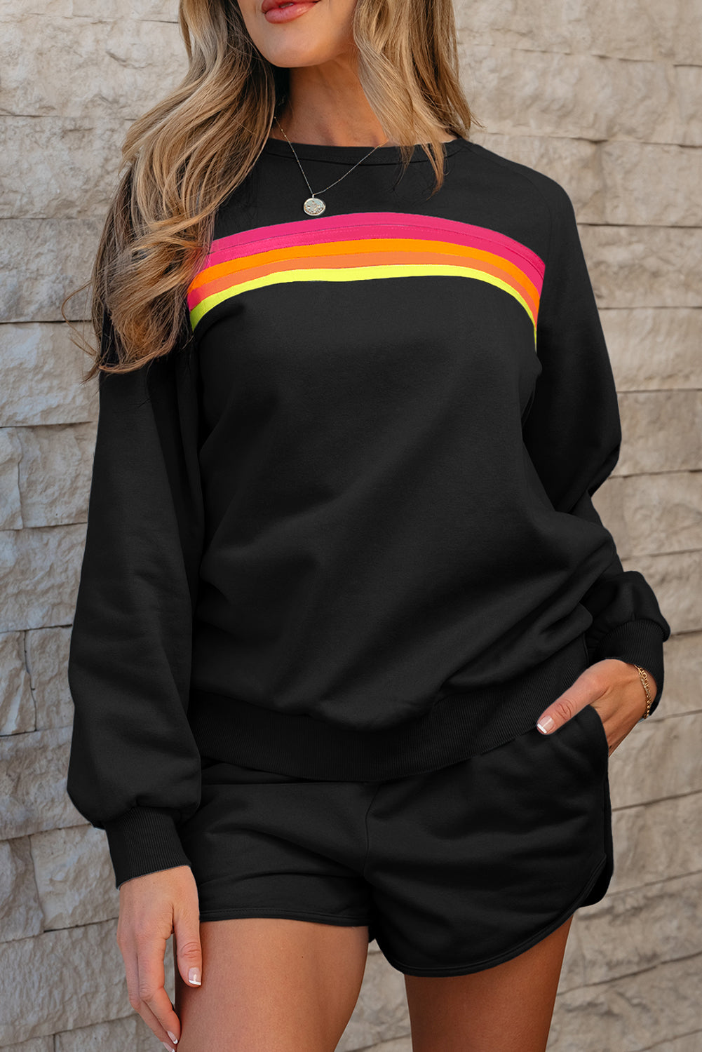 Striped Accent Pullover & Shorts Casual Set