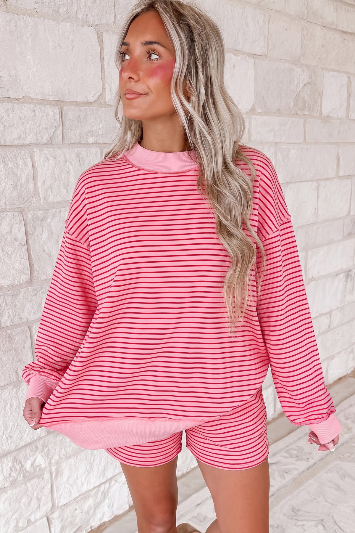 Striped Ribbed Mock-Neck Two-Piece Set