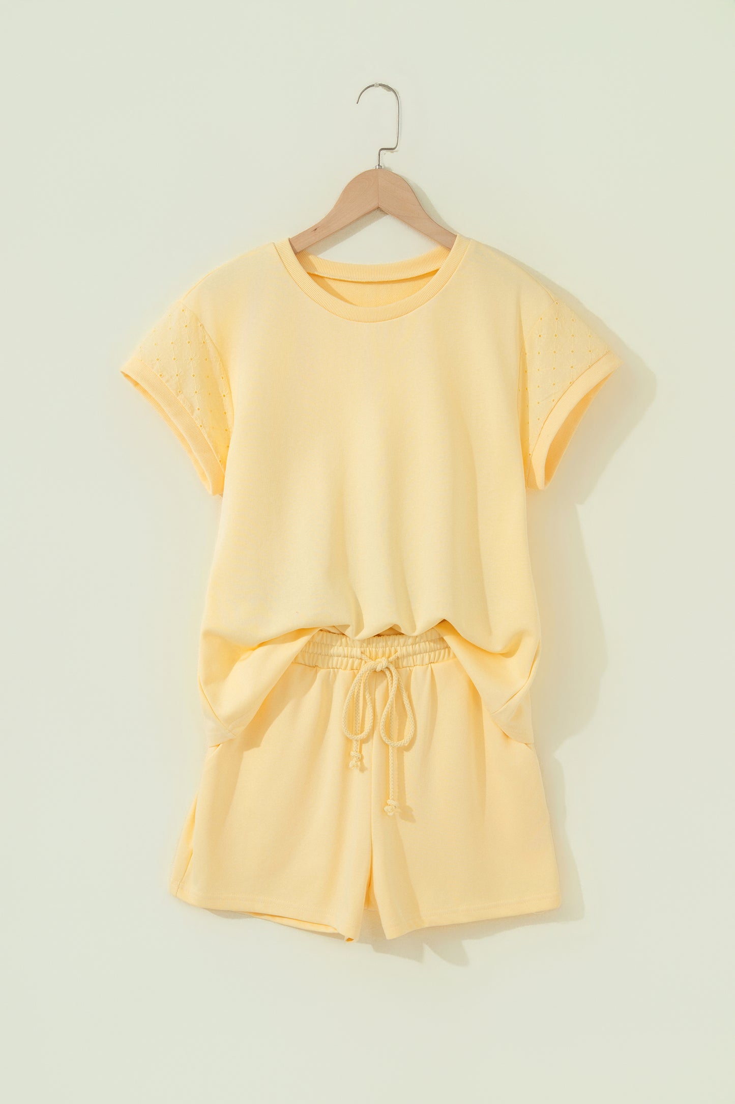 Eyelet Lace Patchwork Sleeve Top & Drawstring Short Set