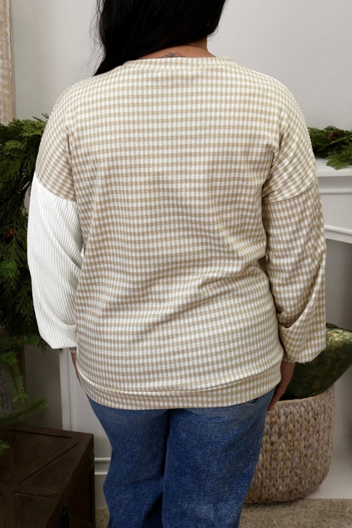 Khaki Patchwork Checkered Long Sleeve Plus Size Blouse