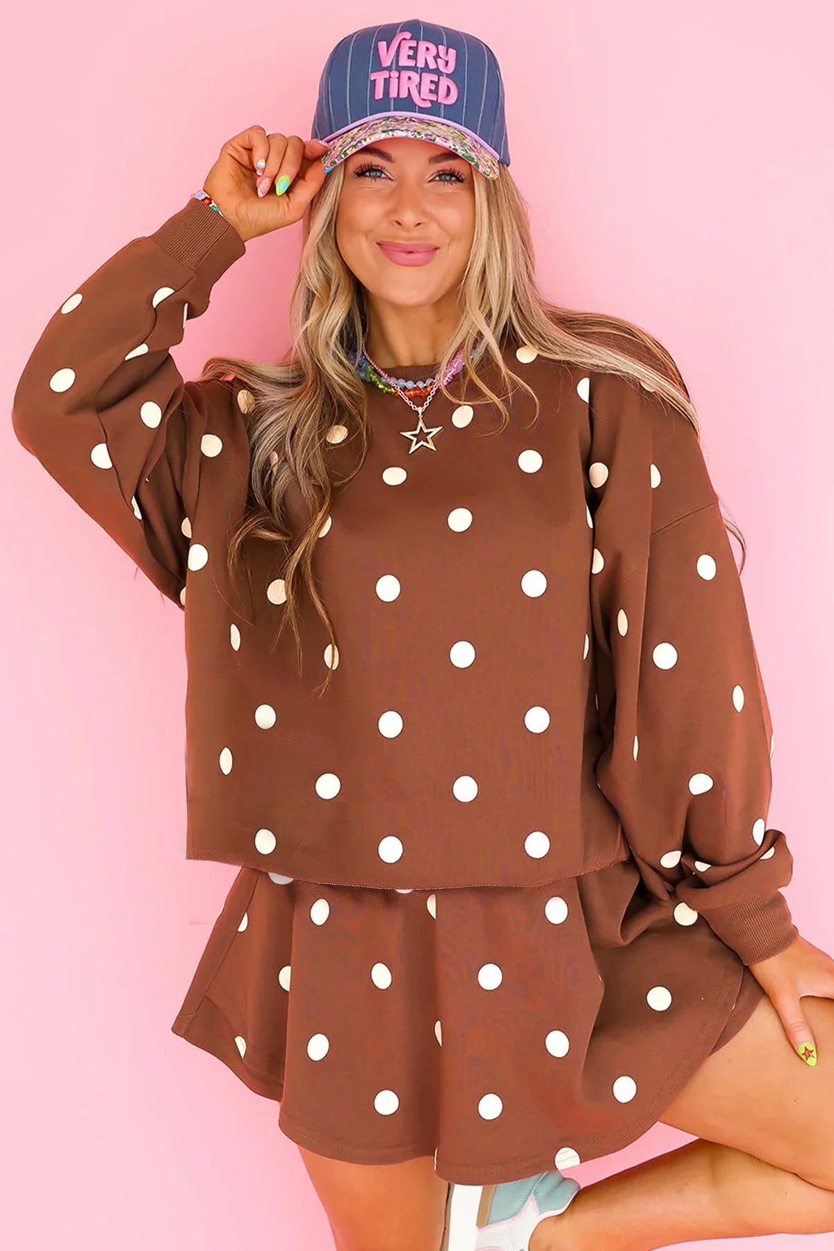 Brown Polka Dot Pullover & Skort Two-Piece Set