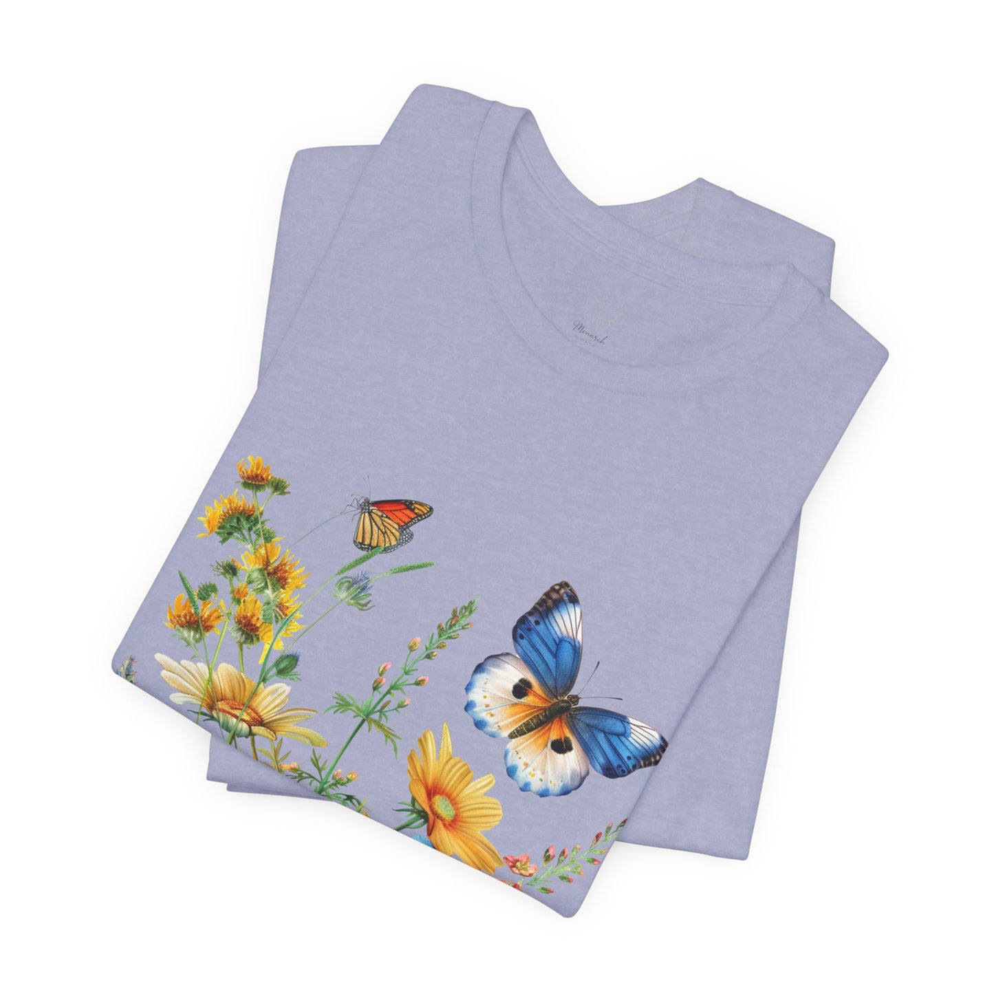 Butterfly Wildflower T-Shirt — Blue & Orange Garden Illustration