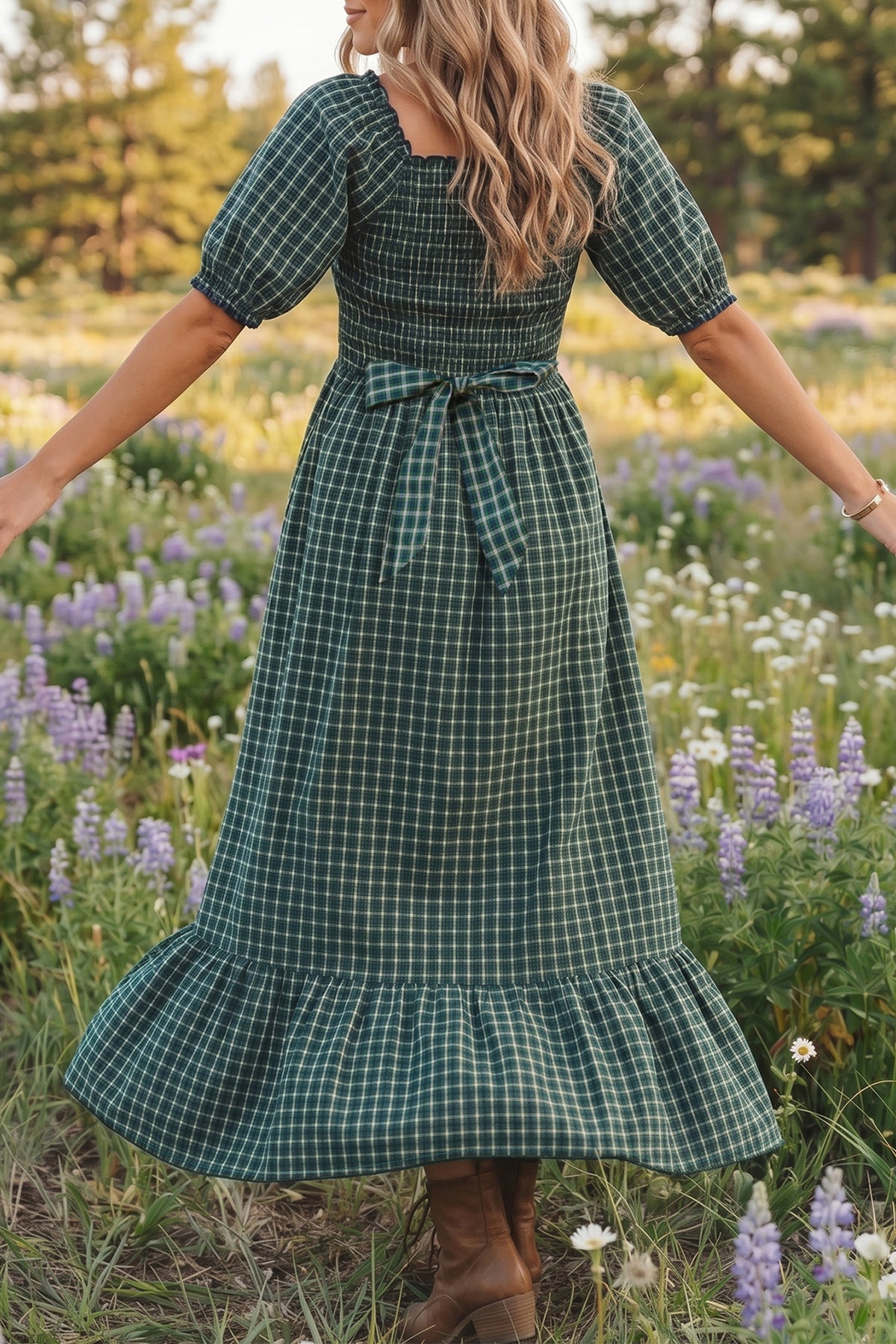Green Plaid Square Neck Shirred Ruffle Hem Dress