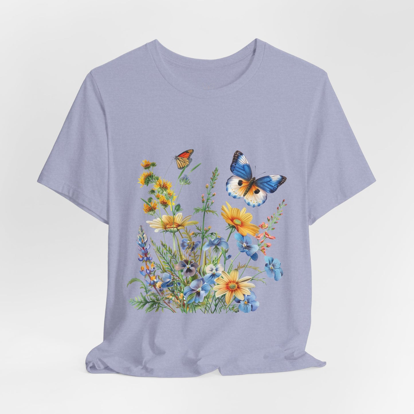 Butterfly Wildflower T-Shirt — Blue & Orange Garden Illustration