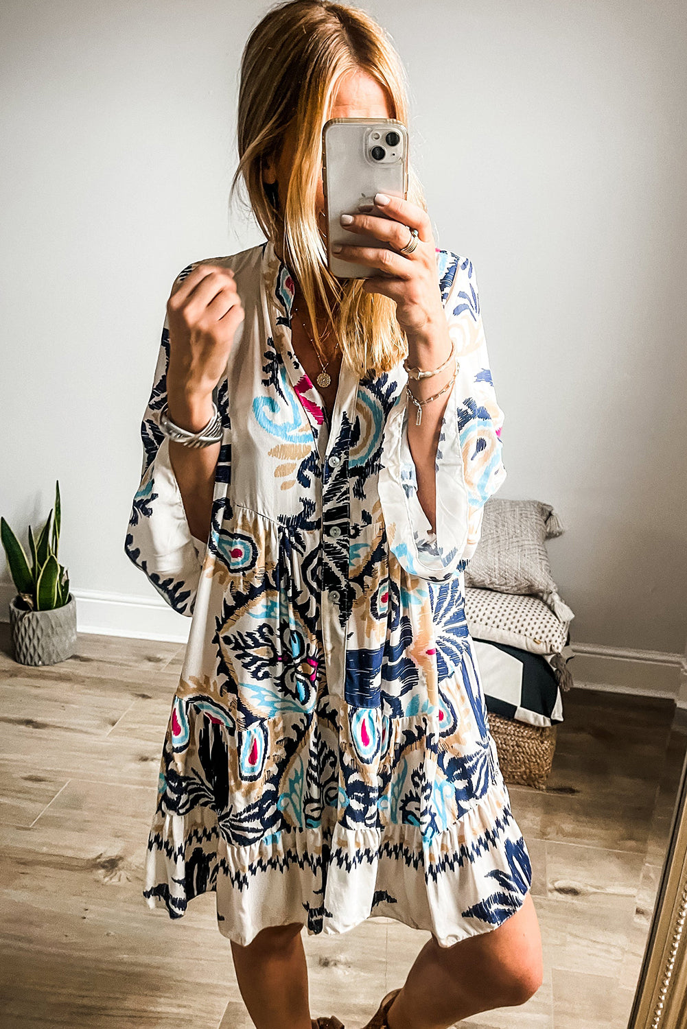 White Printed Button Mini Dress - Bracelet Sleeves