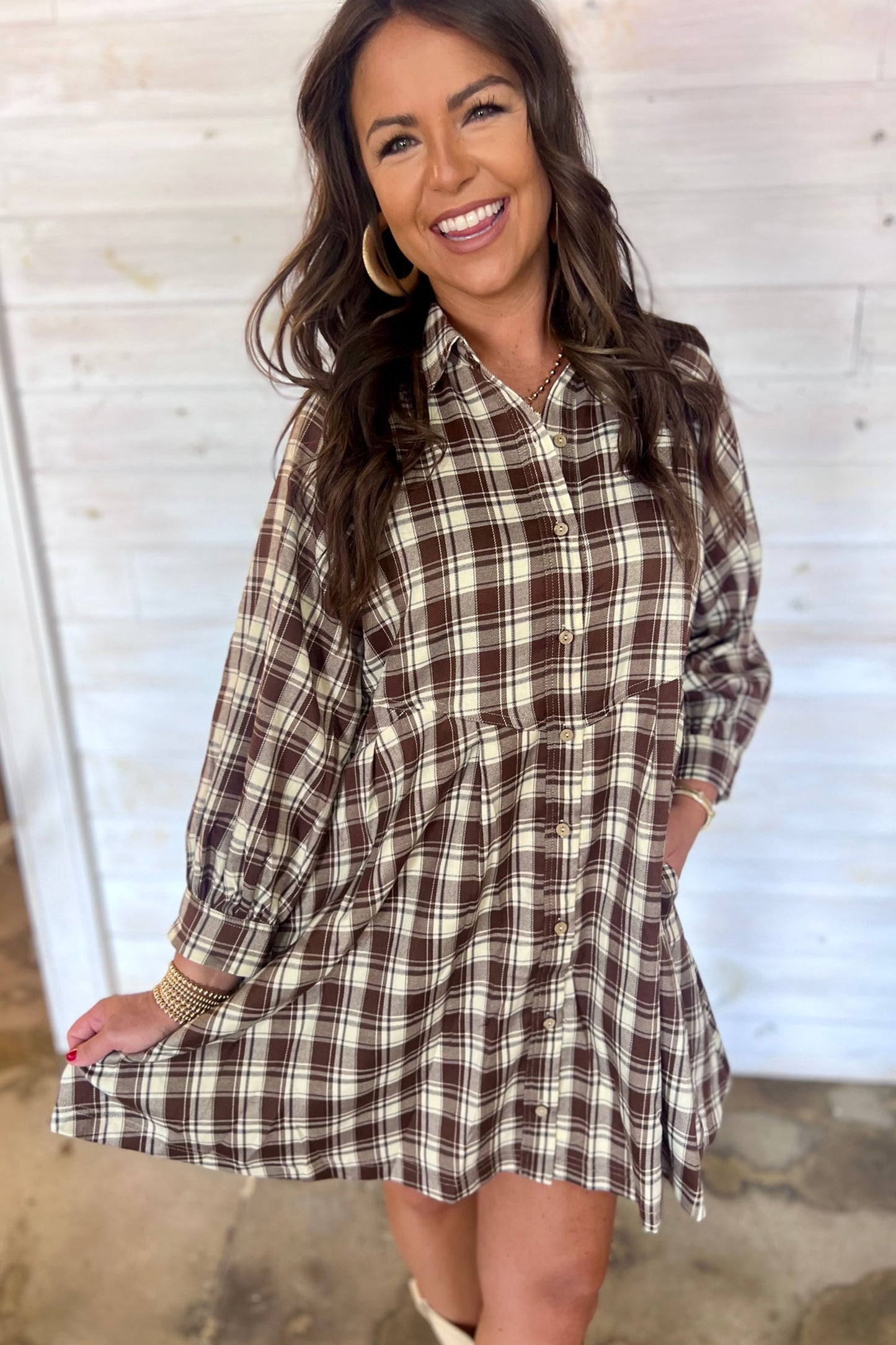 Brown Plaid Long Sleeve Mini Shift Dress
