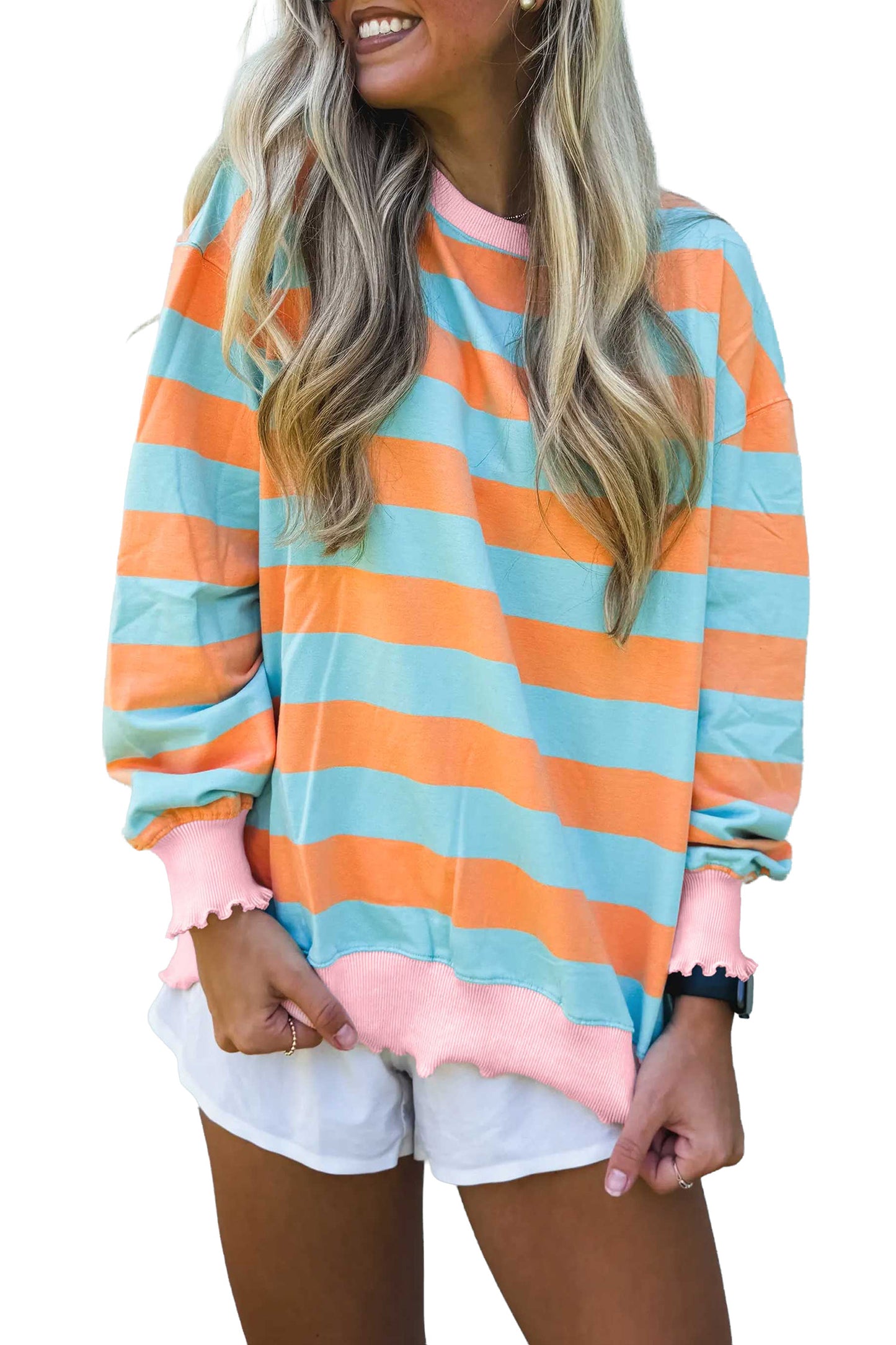 Orange Stripe Ribbed Color Block Long Sleeve Top