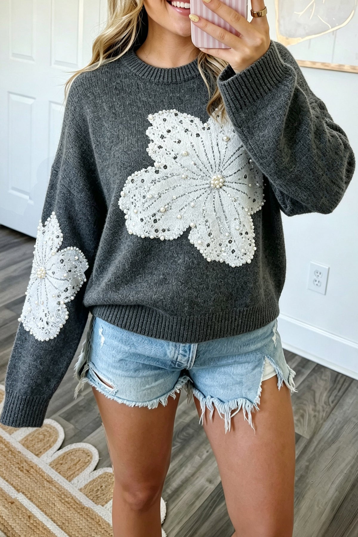 Dark Grey Beaded Floral Sweater