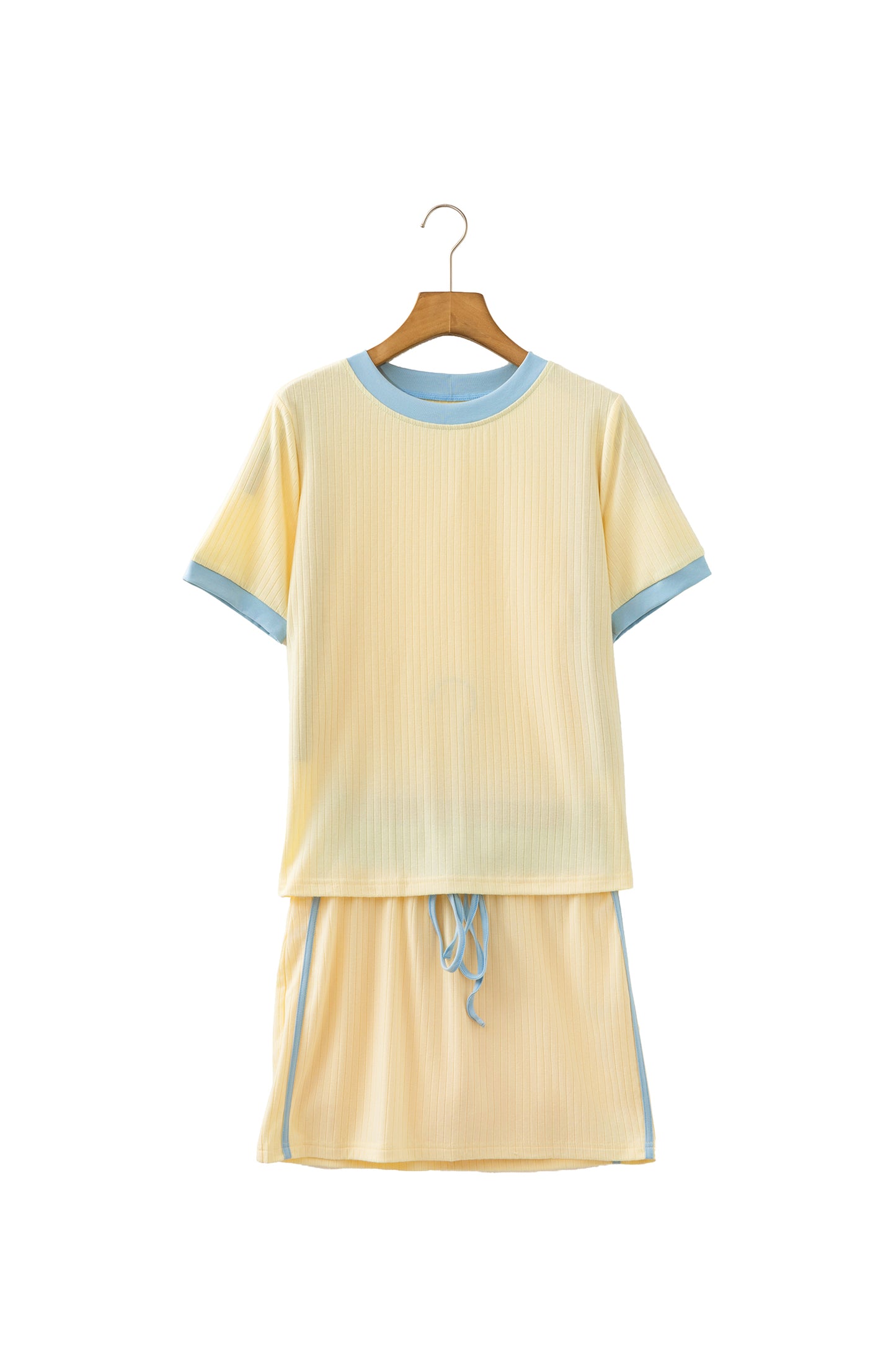 Ribbed Knit Color Block Trim Tee & Drawstring Skirt Set