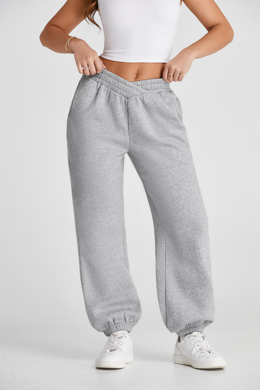 Light Grey Crisscross Elastic Waist Sweatpants