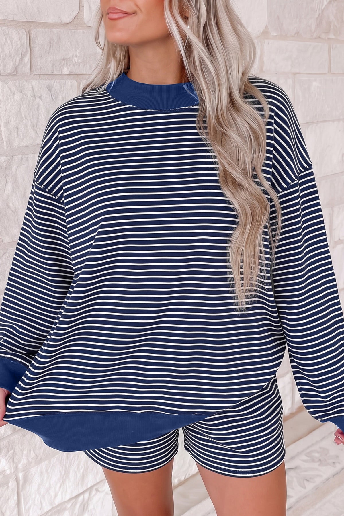 Striped Ribbed Mock-Neck Two-Piece Set