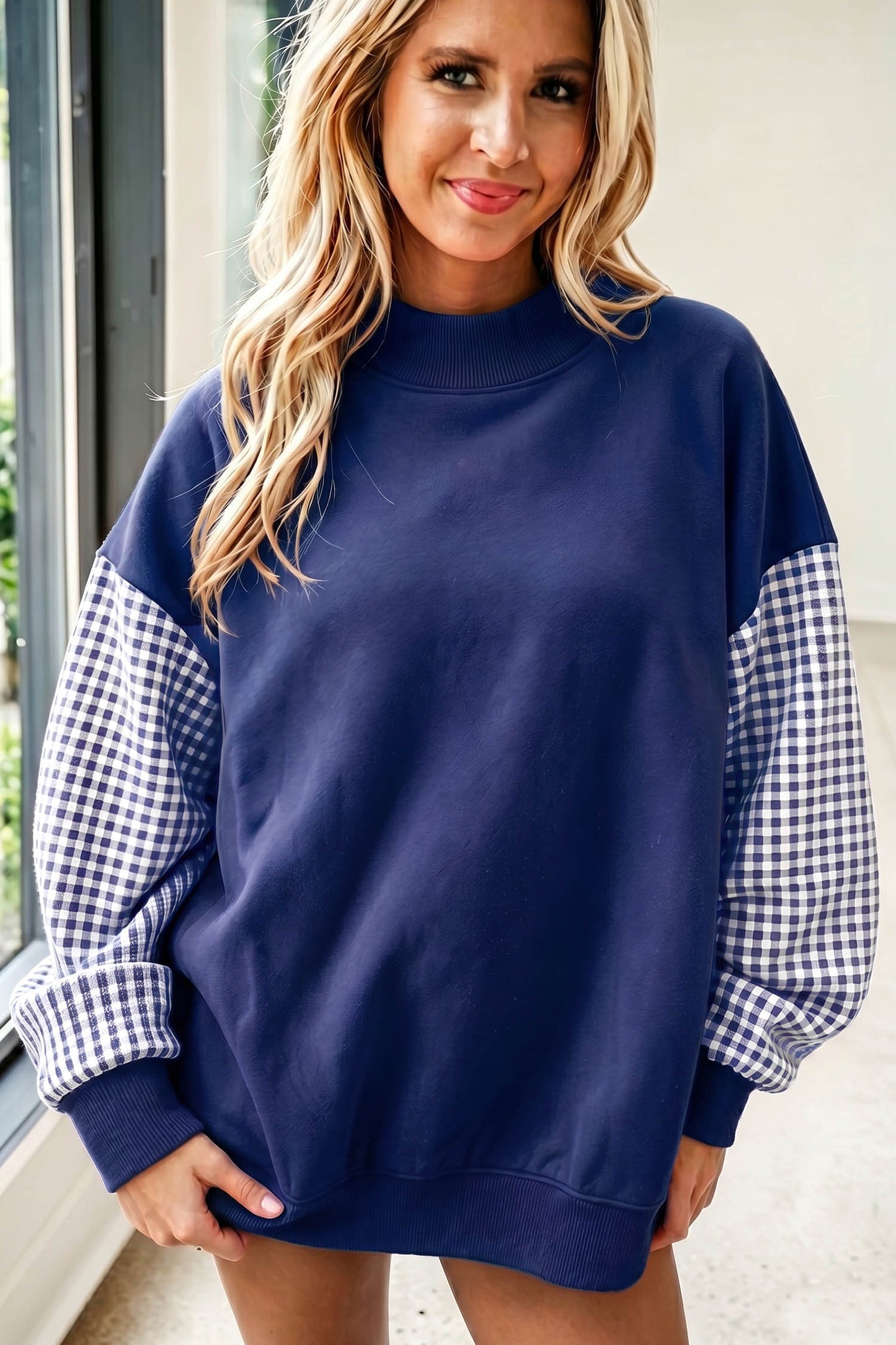Plaid Sleeve Colorblock Tunic Sweatshirt