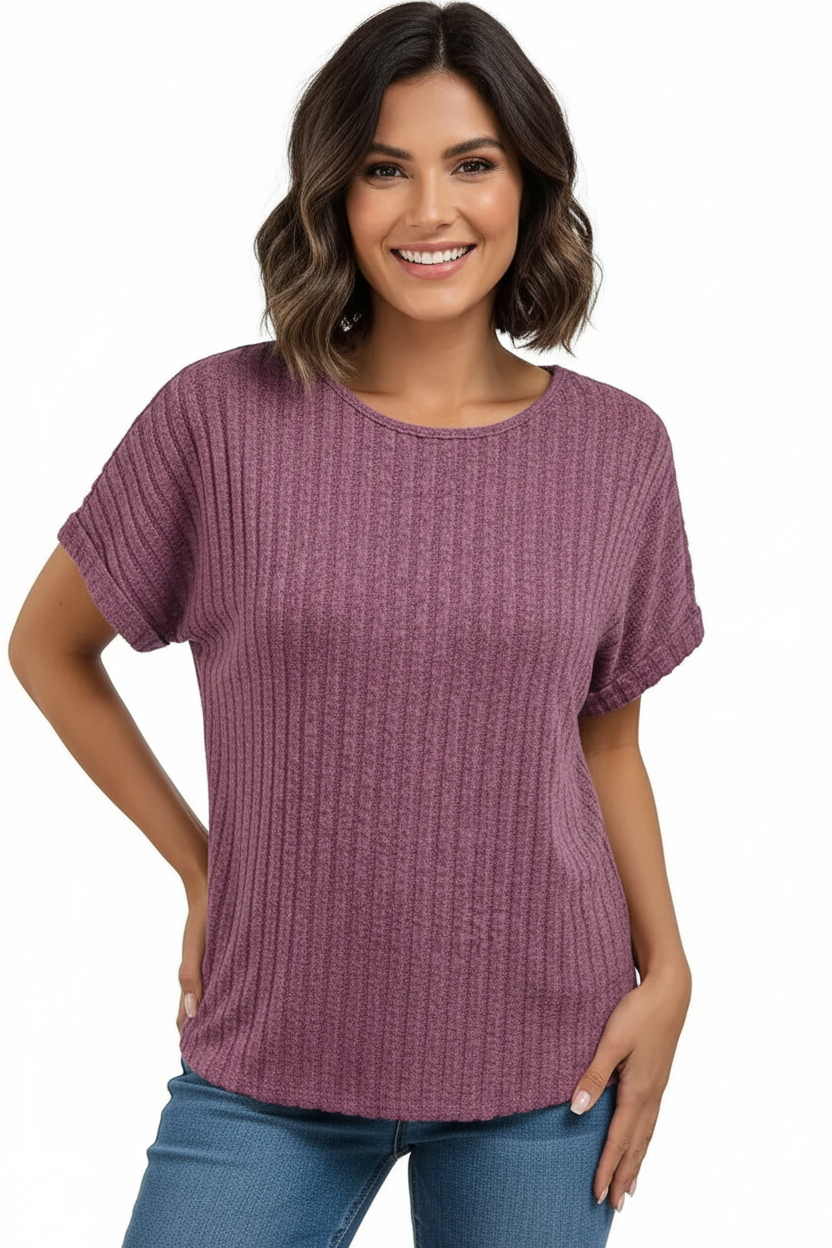 Casual Ribbed Knit Short Sleeve T-Shirt