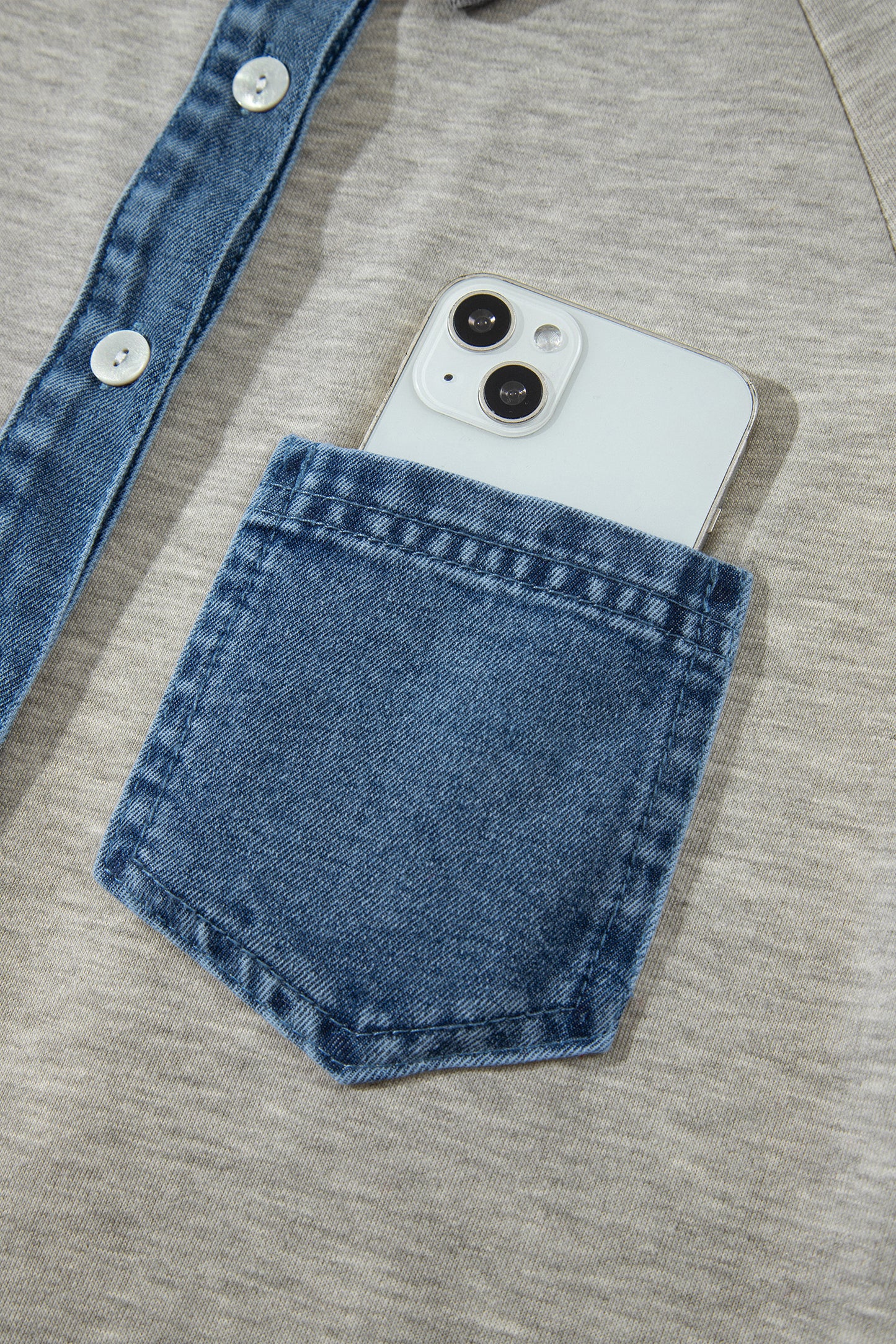 Sleet Denim Collar Patchwork Long Sleeve Pullover Top