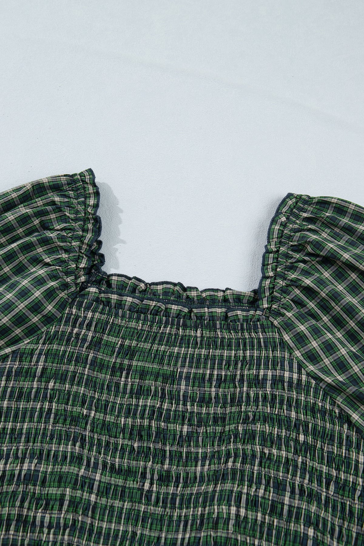 Green Plaid Square Neck Shirred Ruffle Hem Dress