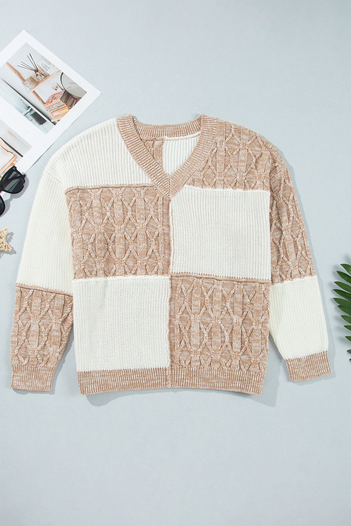 Plus Size SweaterParchment Colorblock V Neck Long Sleeve Tunic Loose Fit