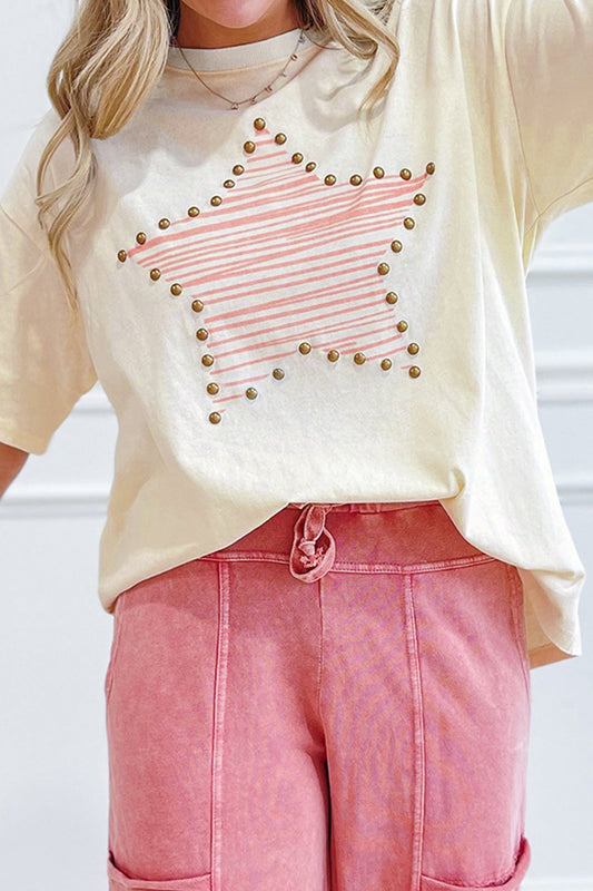 Star Print Stud Detail Relaxed Cotton Tee — Beige