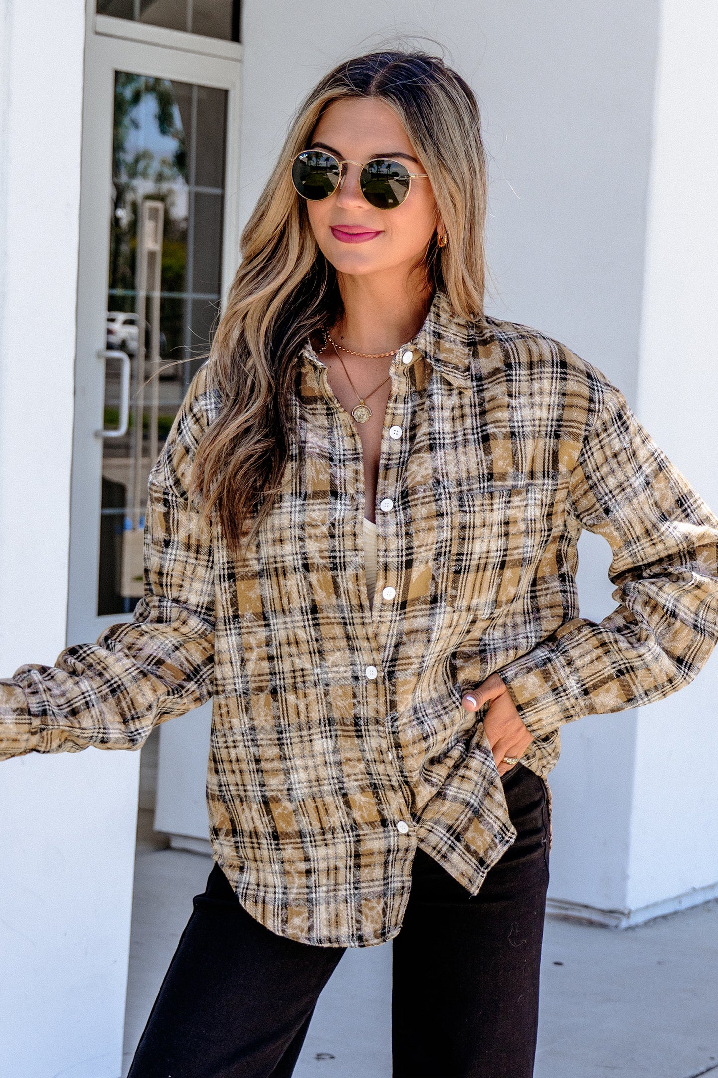 Brown Retro Plaid Long Sleeve Button Down Shirt