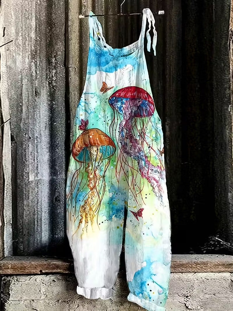 Women's Fun Print Wide-Leg Suspender Overalls