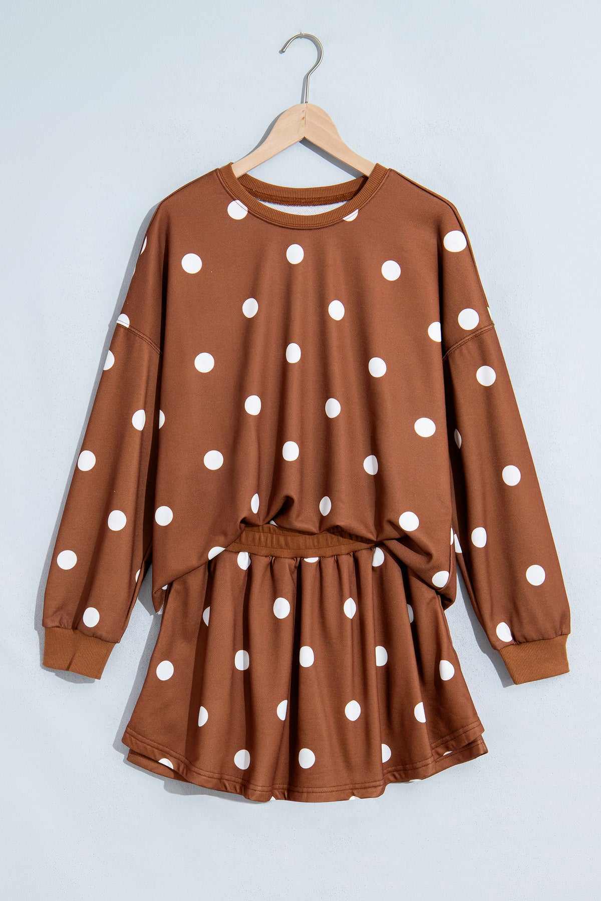 Brown Polka Dot Pullover & Skort Two-Piece Set