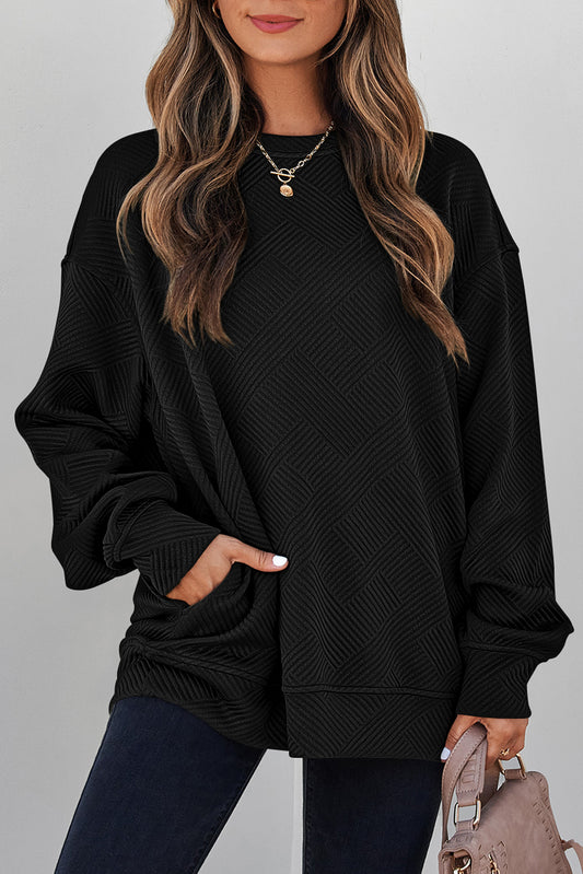 Textured Drop Shoulder Pullover Sweatshirt — Black & White